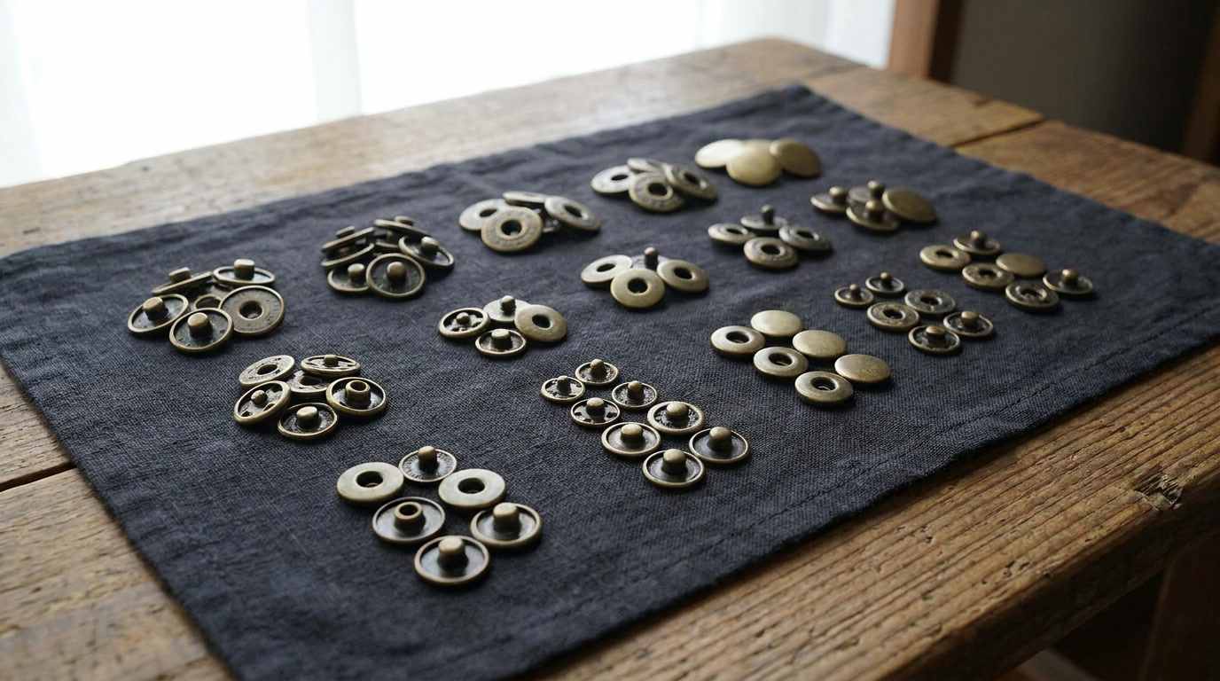 sewing snap buttons, Sewing snap buttons in several sizes and metallic finishes are grouped on a dark fabric sample placed on a wooden surface.